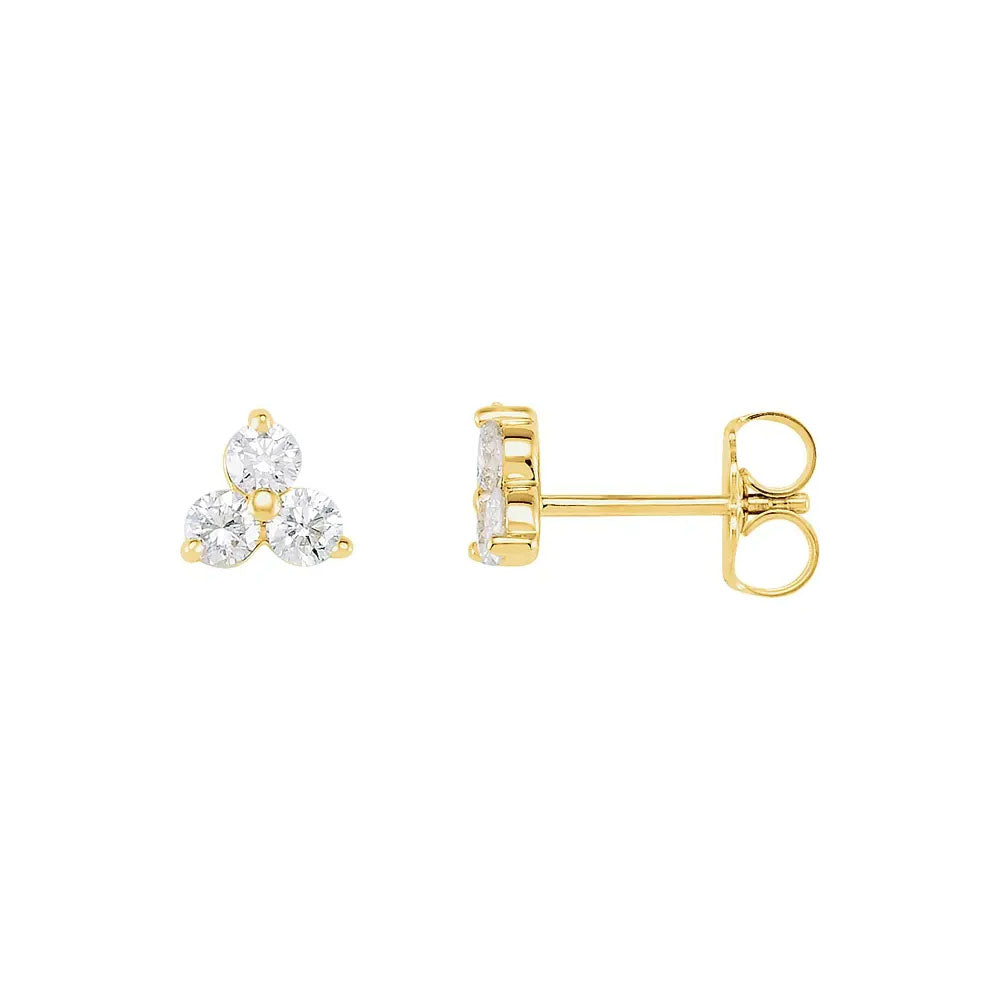 Puro trio diamond stud earrings in yellow gold front and side view