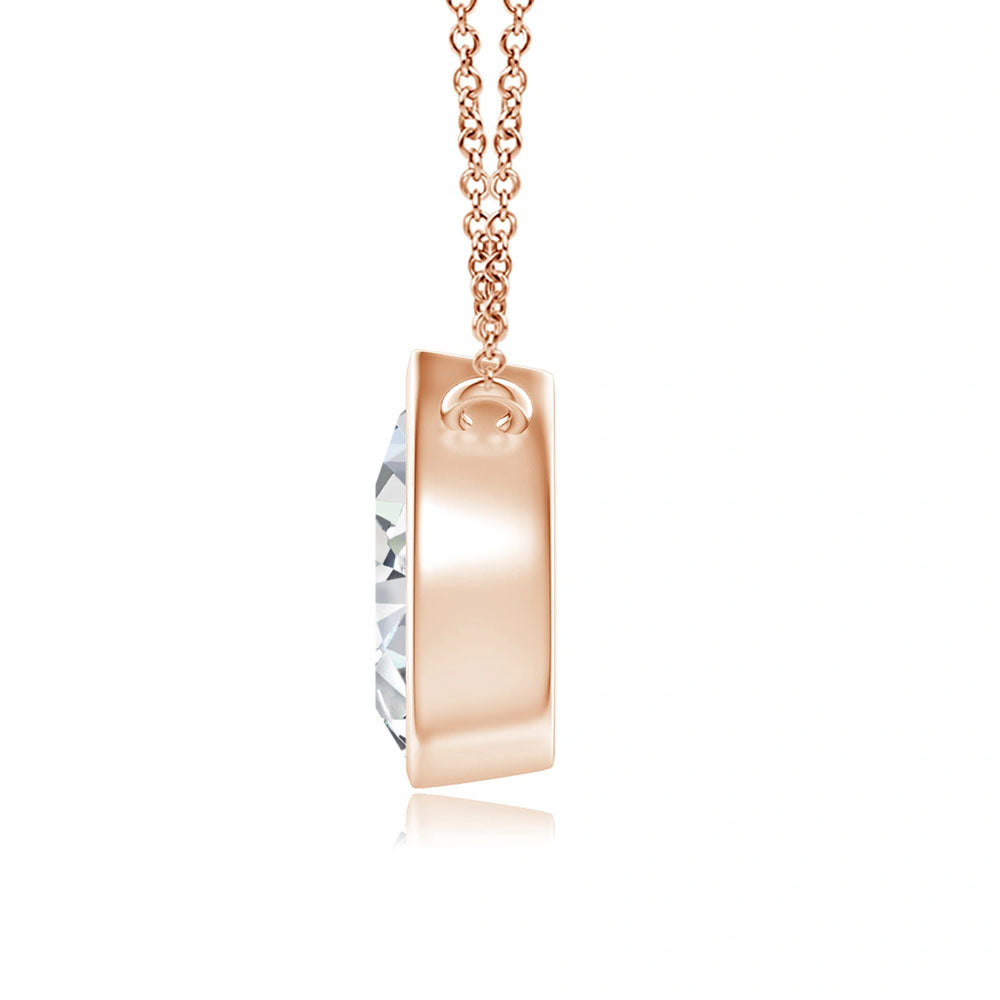 Side view of Puro Pear Bezel Diamond Pendant with rose gold chain.