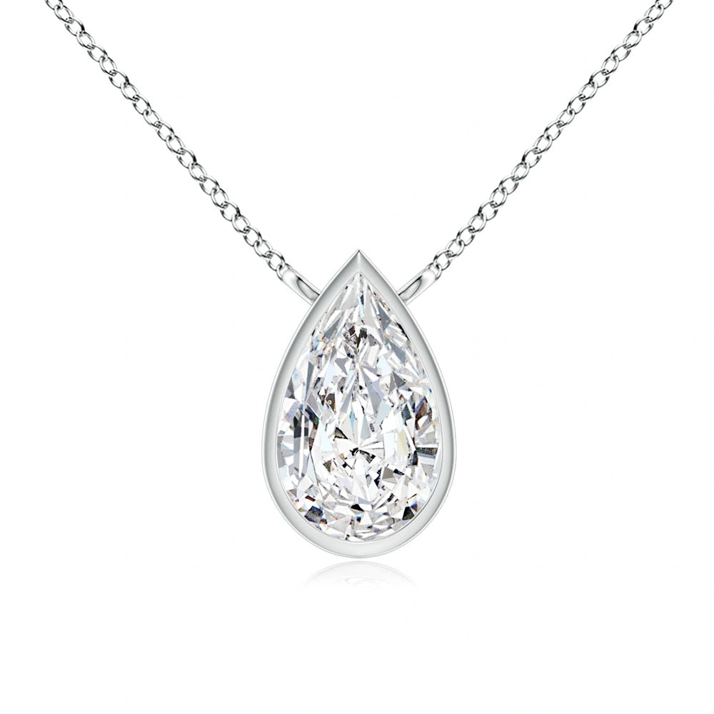 Front view of Puro Pear Bezel Diamond Pendant with white gold chain.