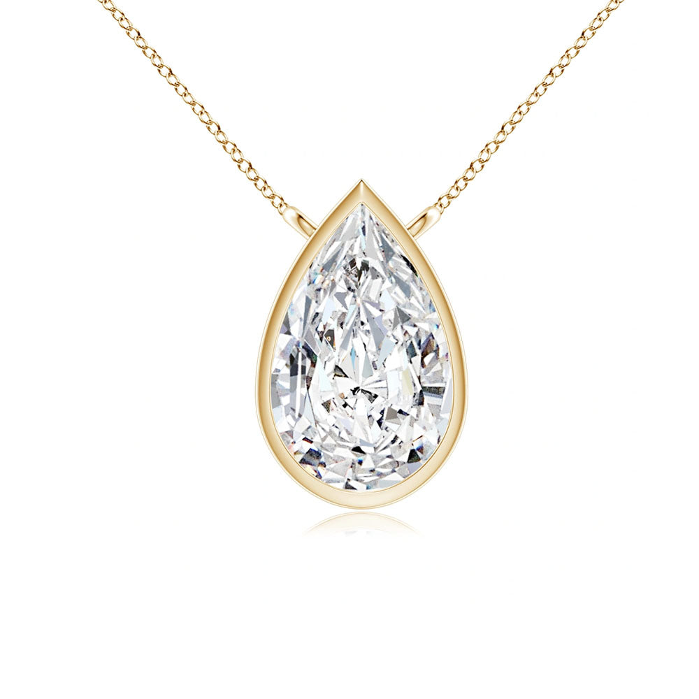 Front view of Puro Pear Bezel Diamond Pendant with yellow gold chain.