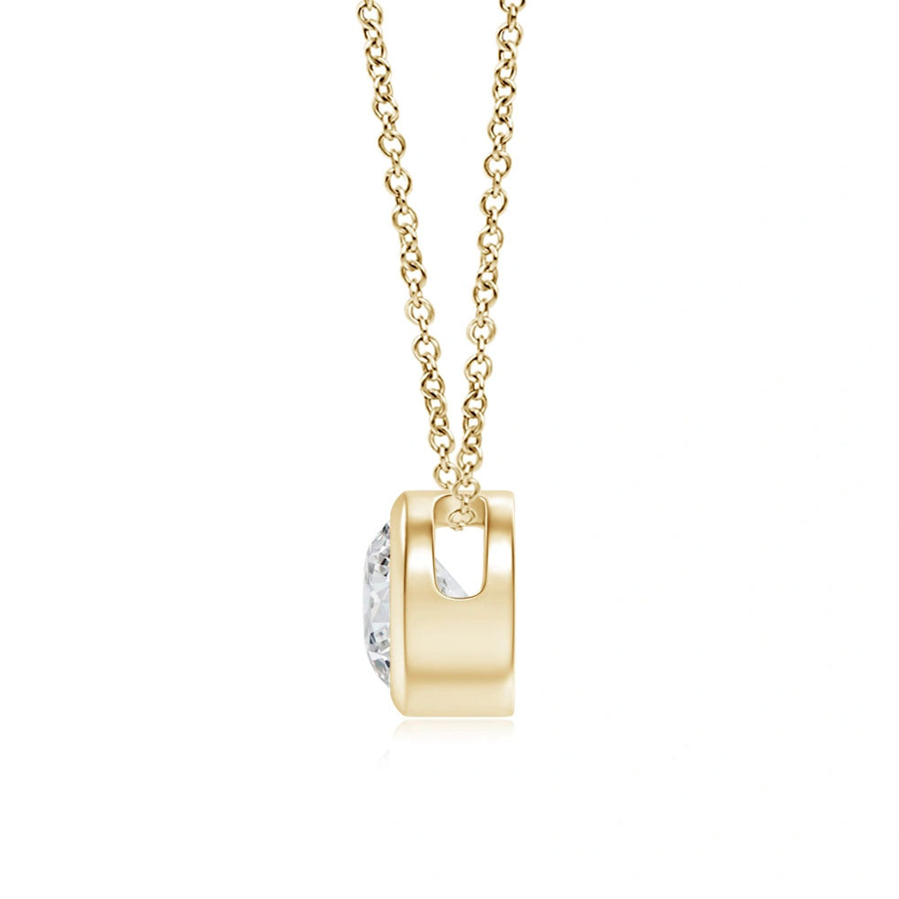 Side view of Puro Round Bezel Diamond Pendant with yellow gold chain.