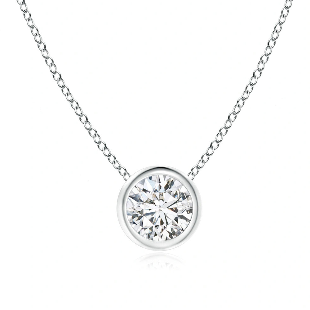 Front view of Puro Round Bezel Diamond Pendant with white gold chain.