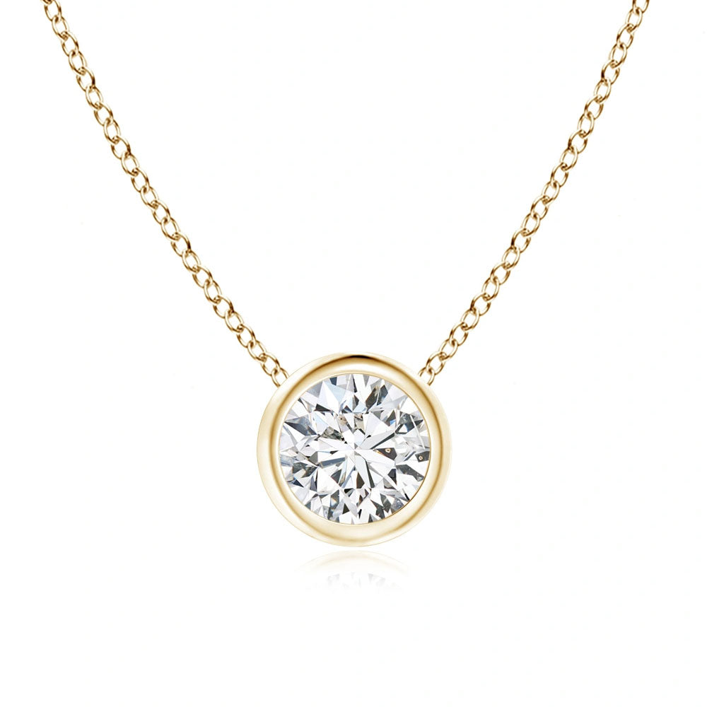 Front view of Puro Round Bezel Diamond Pendant with yellow gold chain.
