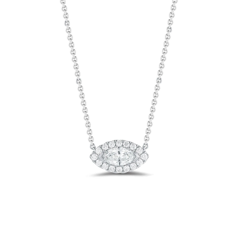 Front view of Puro Marquise Halo Diamond Pendant with white gold chain.