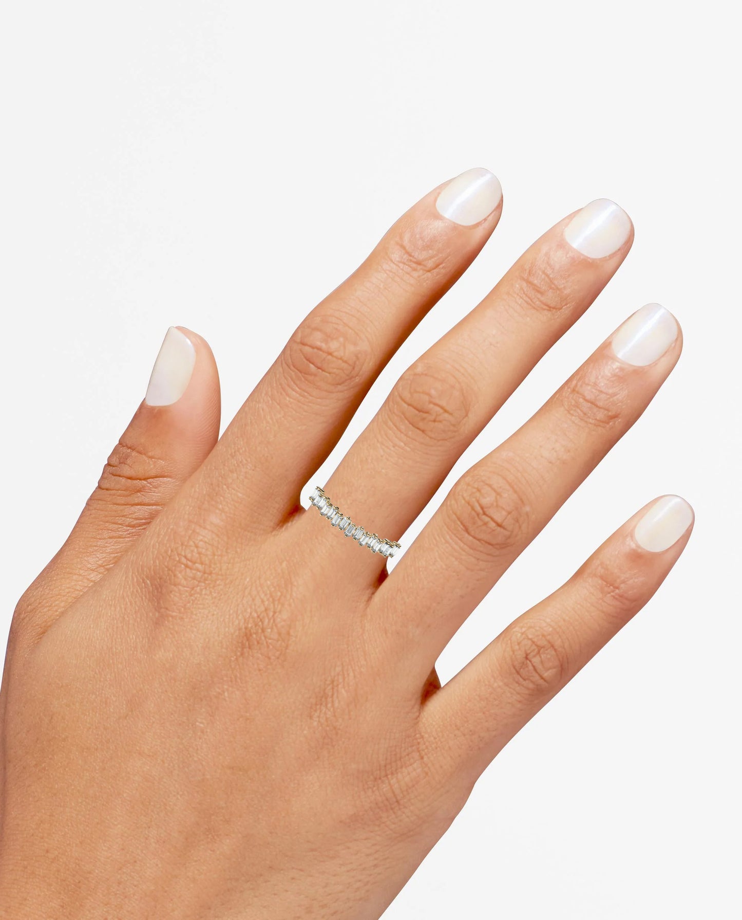 Puro Mini Baguette Diamond Band in yellow gold on model.