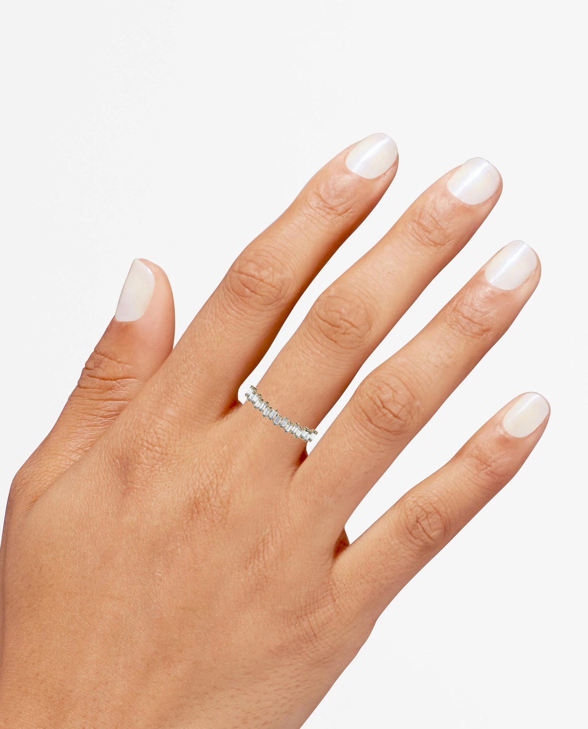 Puro Mini Baguette Diamond Band in yellow gold on model.