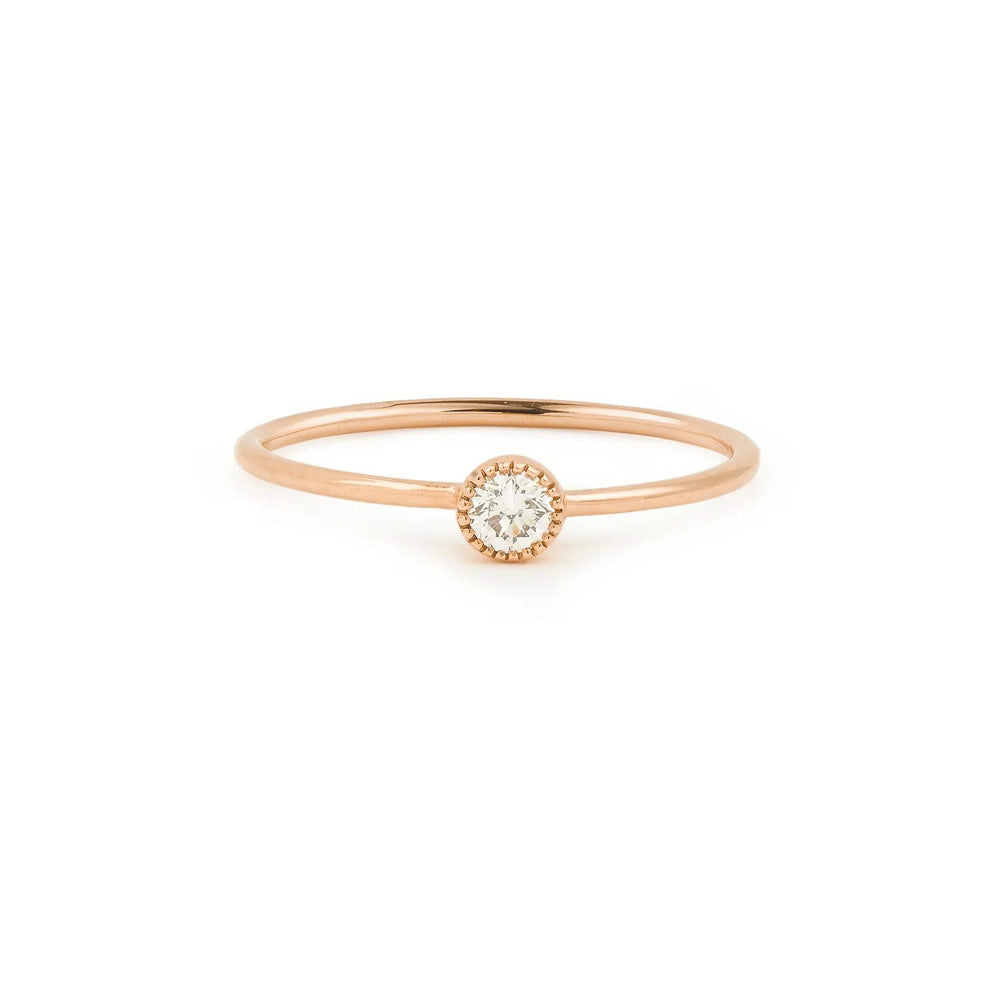 Front view of Puro Milgrain Solitaire Diamond Ring in rose gold.